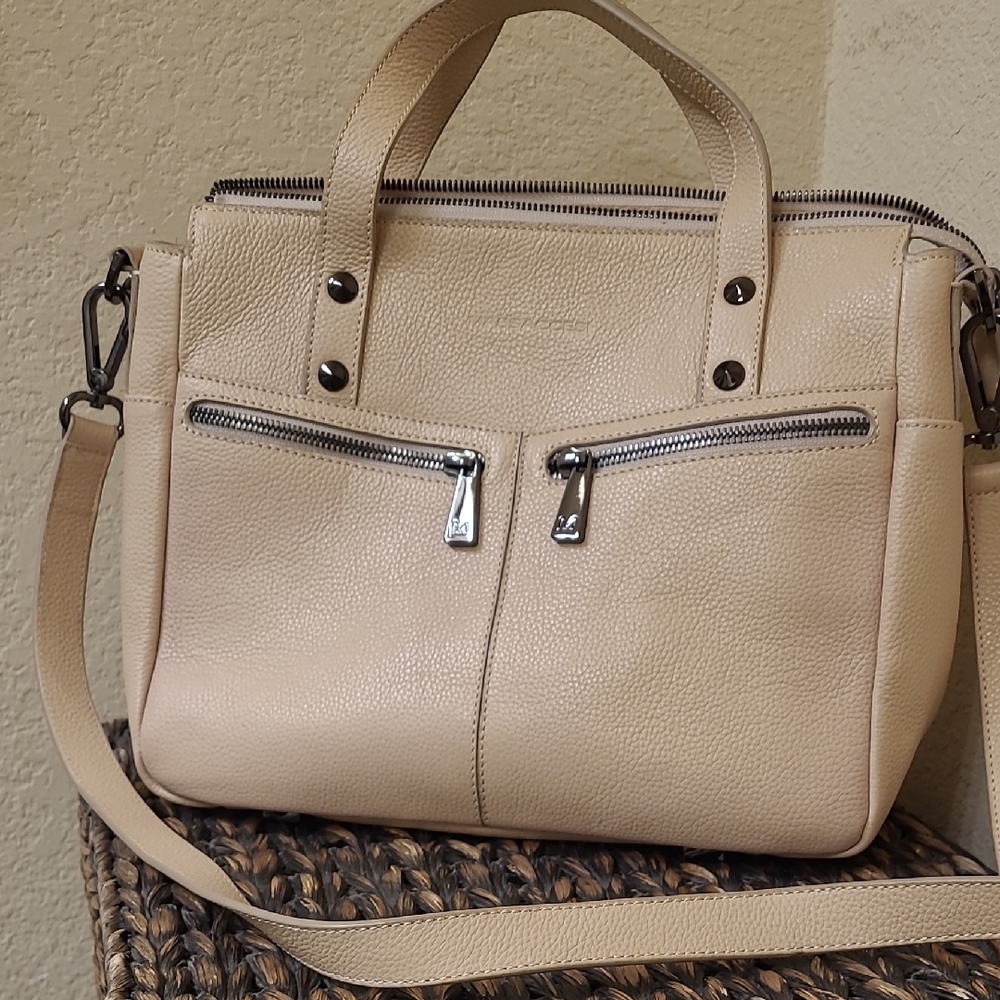 Massaccesi Midi Modena in Beige Leather,dark Gunmetal Hardware,puple Lining